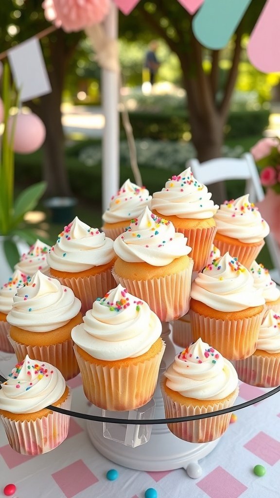 A display of classic vanilla bean cupcakes with white frosting and colorful sprinkles, set in a cheerful summer setting.