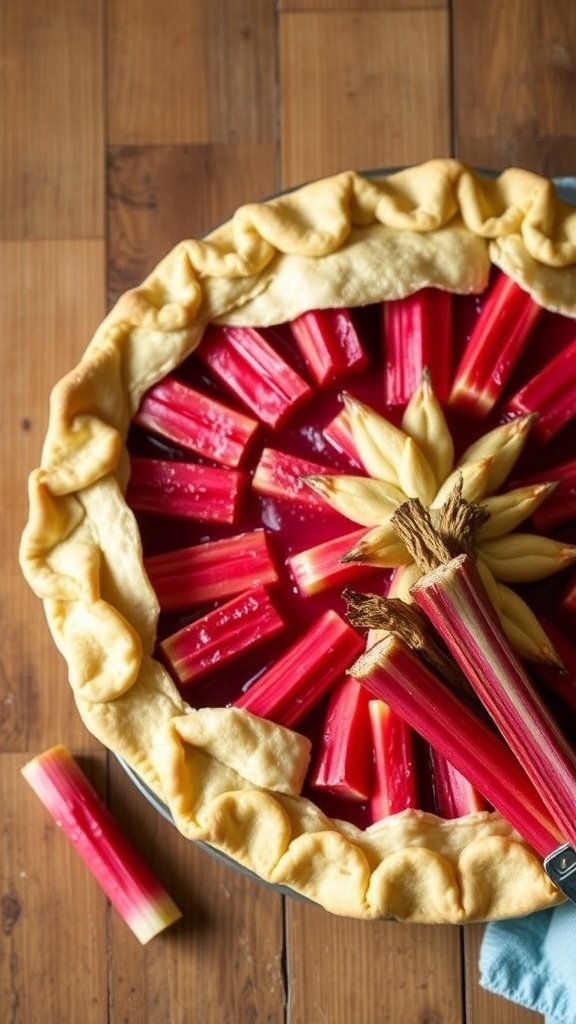 A classic rhubarb pie with a flaky crust, featuring vibrant pink rhubarb stalks arranged beautifully.