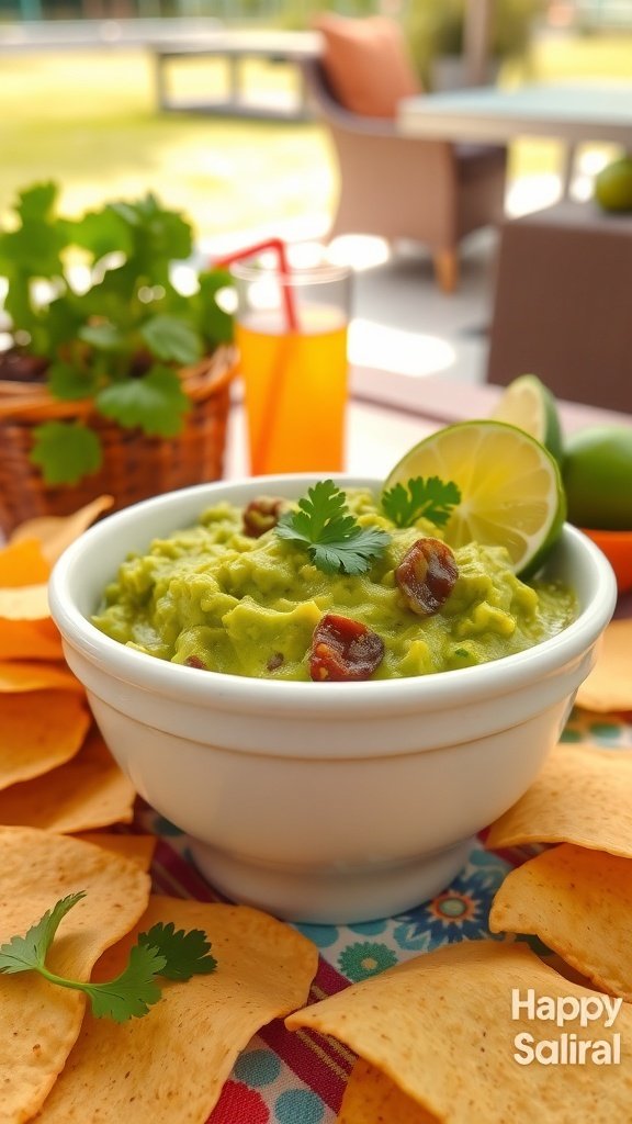 A bowl of guacamole garnished with cilantro and lime, surrounded by tortilla chips.