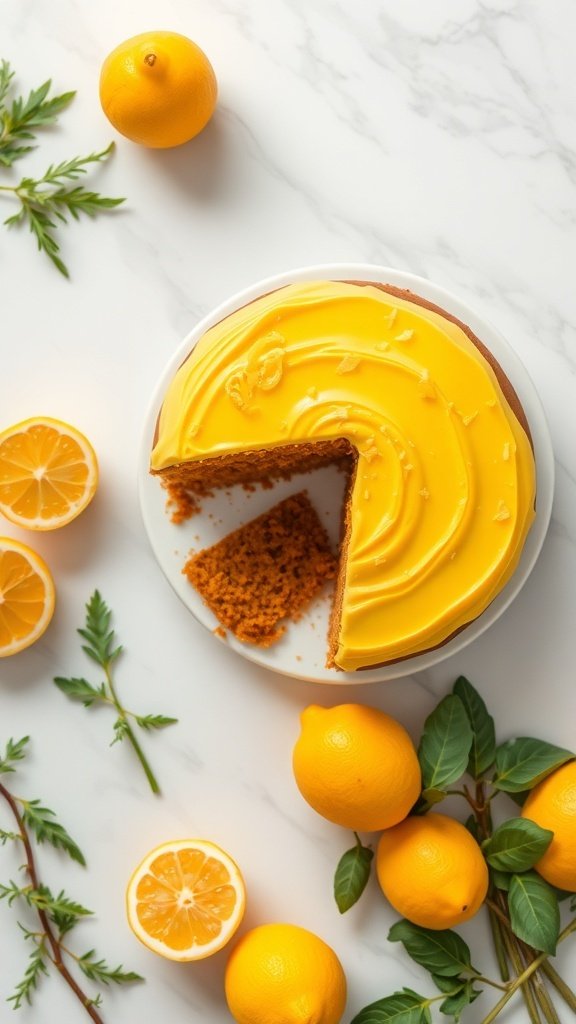A zesty lemon-carrot cake with bright yellow frosting, surrounded by fresh lemons and carrot leaves.