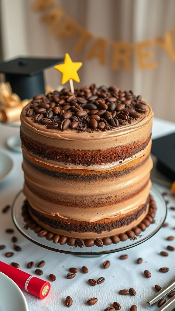 A rich mocha cake decorated with coffee beans and a star topper, perfect for graduation celebrations.
