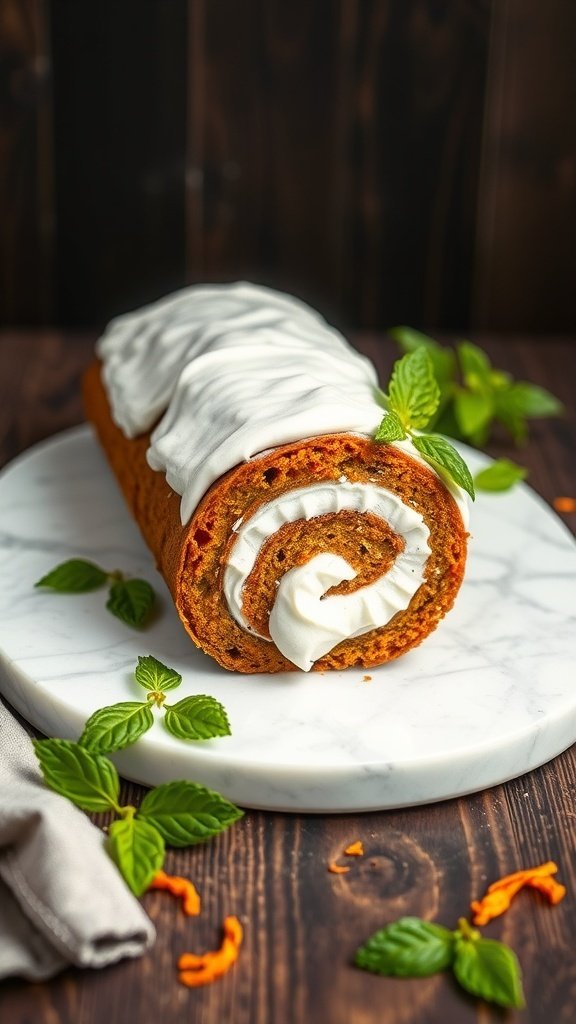 Vegan carrot cake roll with coconut whipped cream on a marble platter, garnished with mint leaves and orange zest.