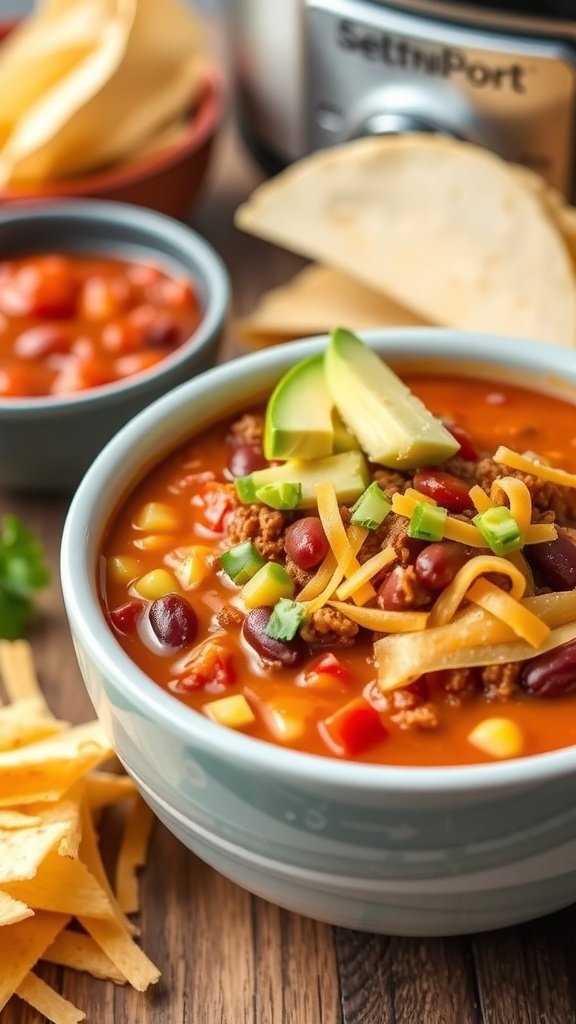 A bowl of zesty taco soup topped with avocado, green onions, and cheese, with tortilla chips on the side.