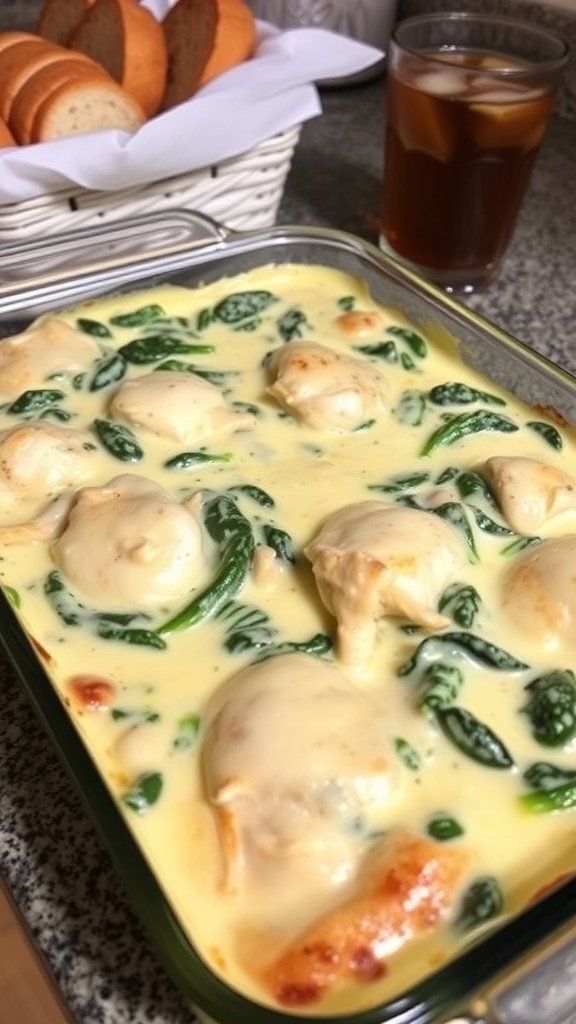A creamy chicken and spinach casserole with biscuits on top, served with bread and a drink.