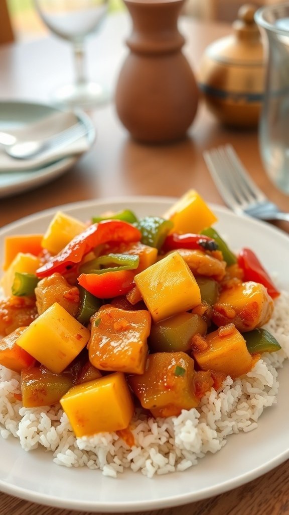 A plate of sweet and sour chicken with colorful bell peppers and pineapple served over rice.
