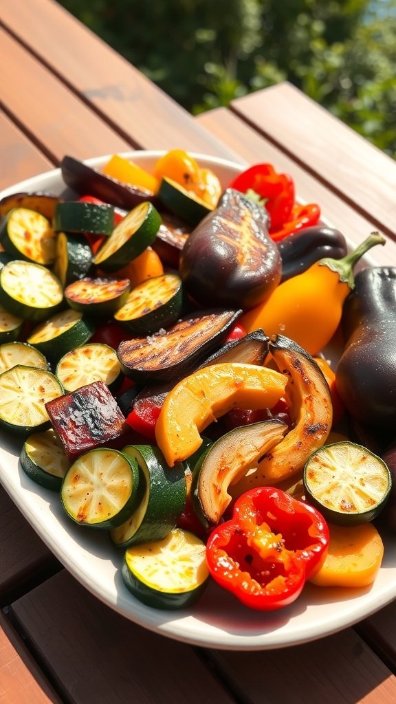 A colorful plate of grilled vegetables including zucchini, bell peppers, and eggplant.