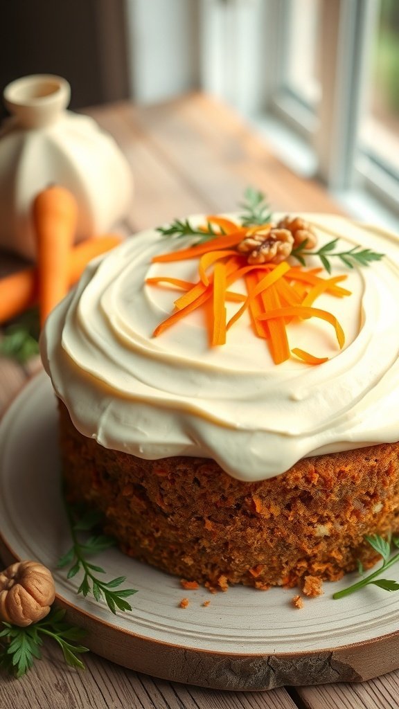 A beautifully decorated gluten-free carrot cake with cream cheese frosting, topped with carrot shavings and walnuts.
