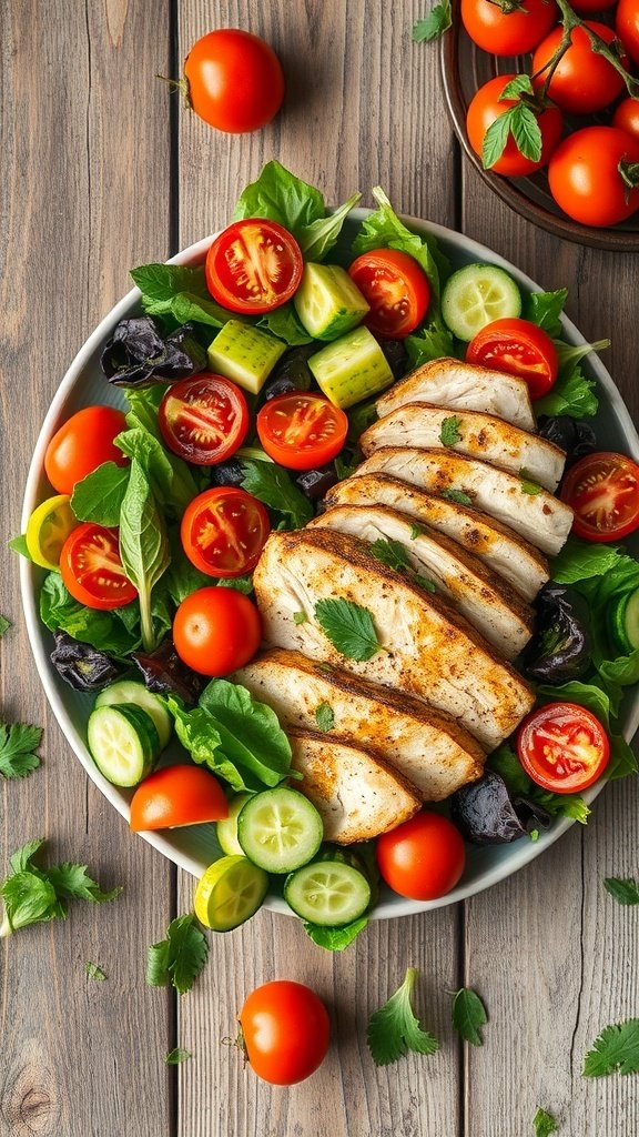 A colorful salad with grilled chicken, cherry tomatoes, cucumbers, and greens on a wooden table.