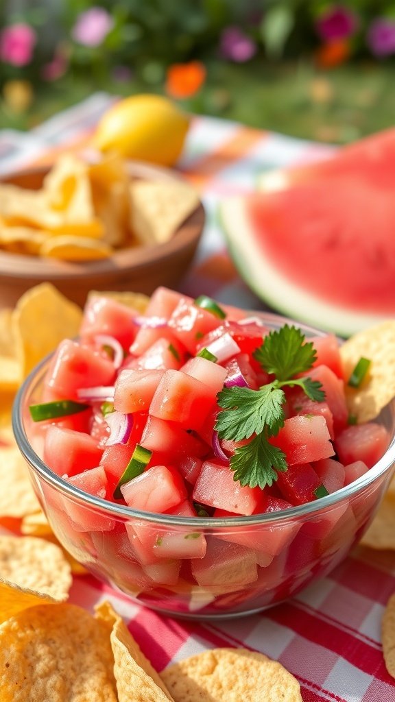 A bowl of spicy watermelon salsa with tortilla chips on the side, surrounded by colorful flowers.