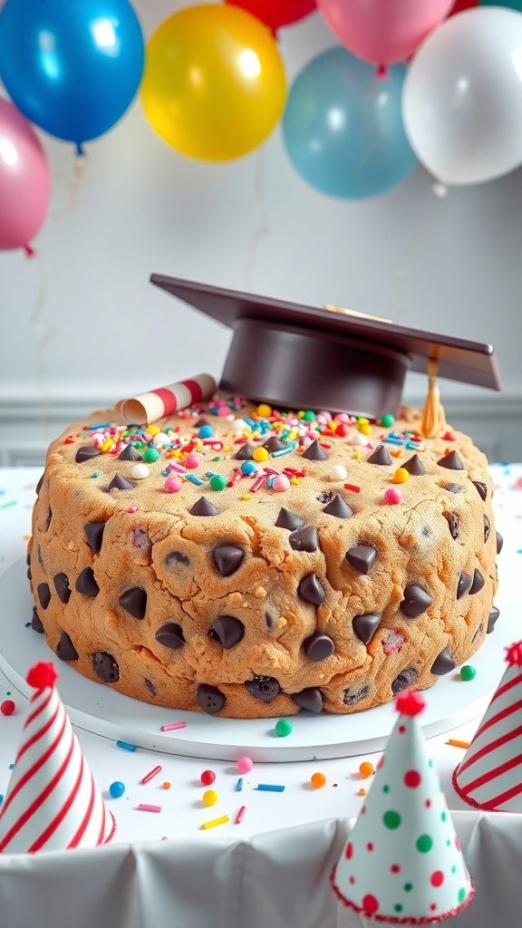 A large chocolate chip cookie cake decorated with colorful sprinkles and a graduation cap, surrounded by festive balloons and party hats.