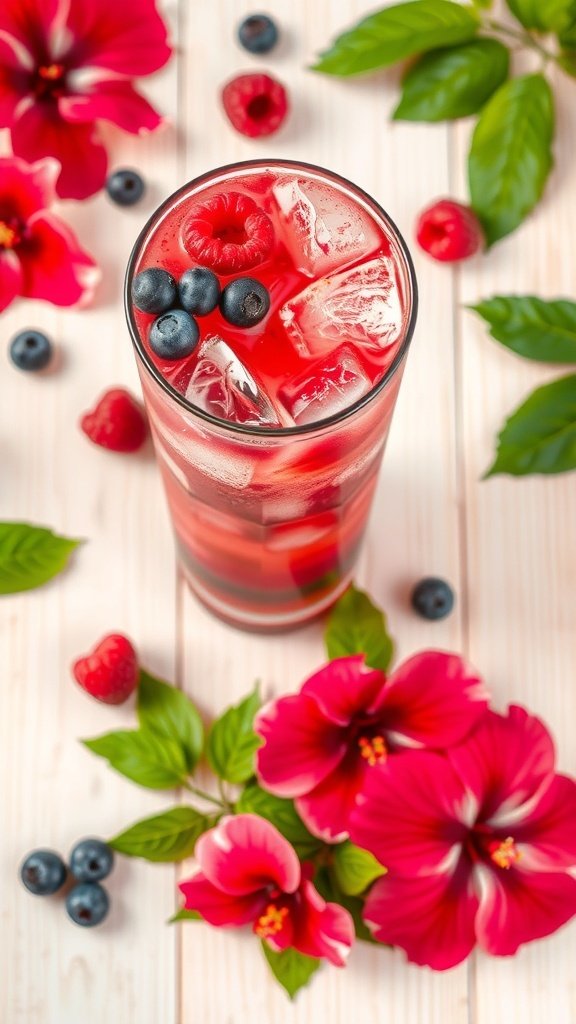 A refreshing Berry Hibiscus Refresher drink with ice, garnished with raspberries and blueberries, surrounded by hibiscus flowers.