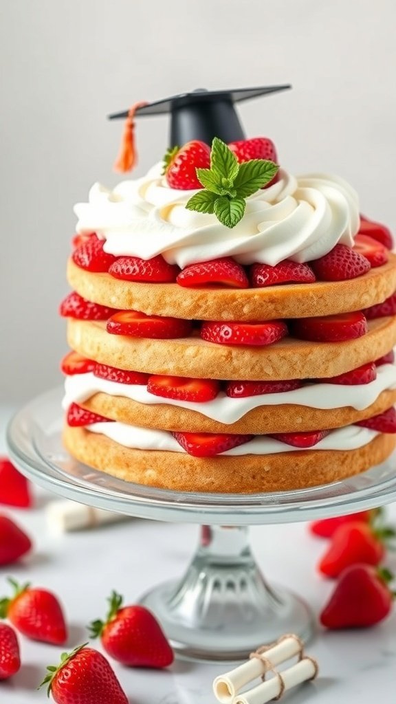 A beautiful strawberry shortcake decorated with fresh strawberries and a graduation cap on top, perfect for graduation celebrations.