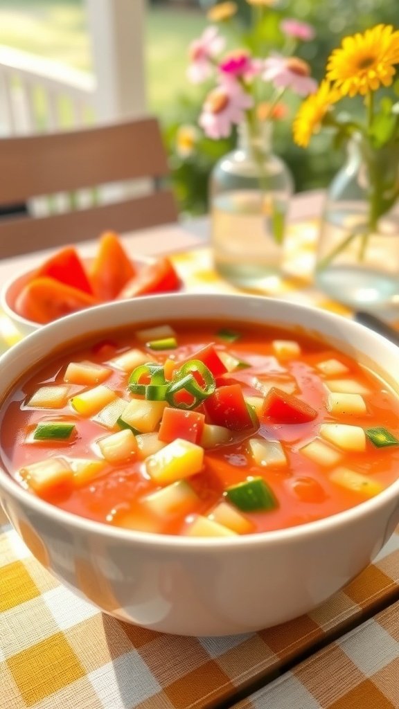 A bowl of chilled vegetable soup with diced tomatoes, cucumbers, and bell peppers, surrounded by fresh flowers and tomatoes.