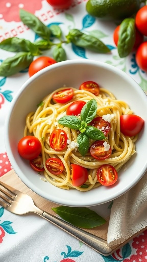 A bowl of creamy avocado pasta topped with cherry tomatoes and fresh basil.