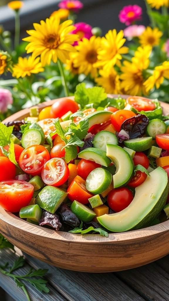 A colorful summer salad with tomatoes, cucumbers, bell peppers, and avocado in a wooden bowl, surrounded by flowers.