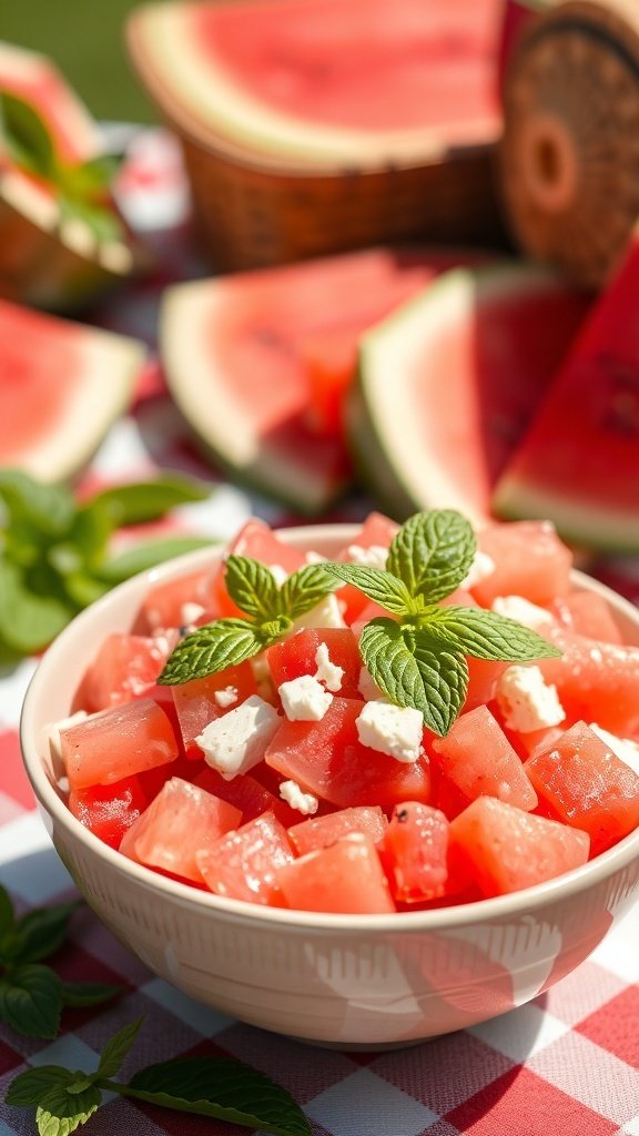 A bowl of watermelon feta salad garnished with mint leaves, surrounded by slices of watermelon.