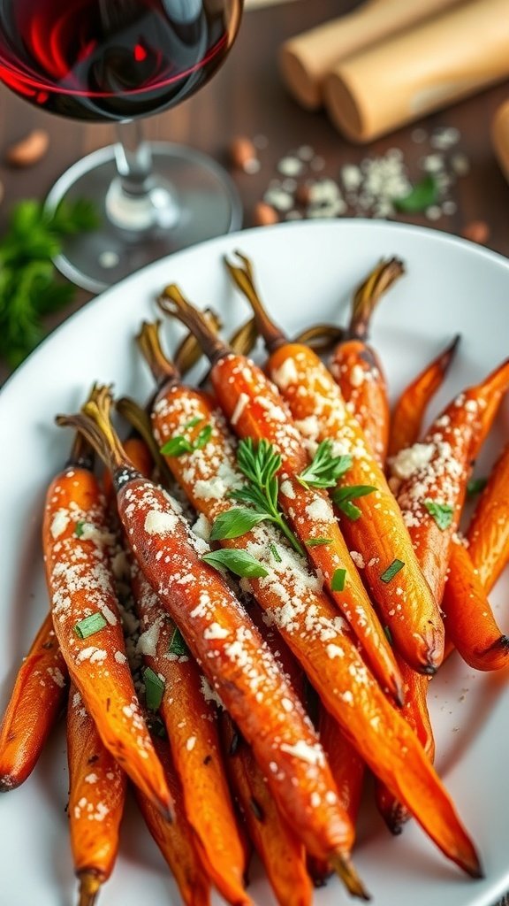 Plate of herbed Parmesan air fryer carrots with a glass of red wine in the background.