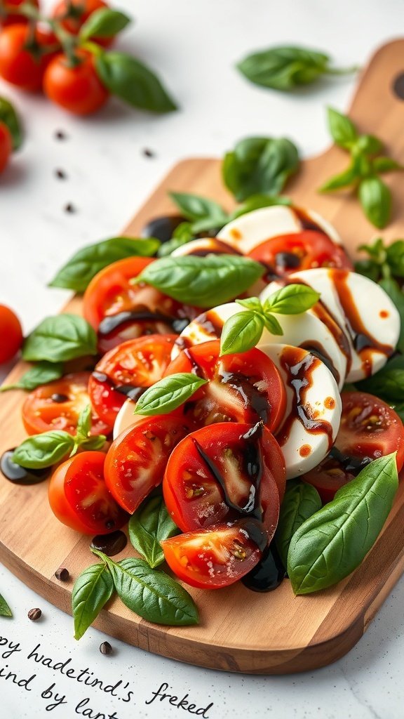 A vibrant Caprese salad with sliced tomatoes, mozzarella, and fresh basil drizzled with balsamic reduction on a wooden board.