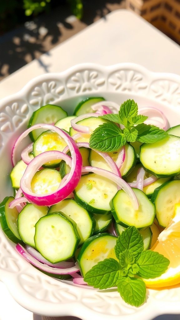 A bowl of tangy cucumber salad with sliced cucumbers, red onions, and fresh mint.