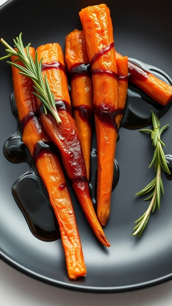 Steamed carrots drizzled with balsamic reduction on a black plate, garnished with rosemary.