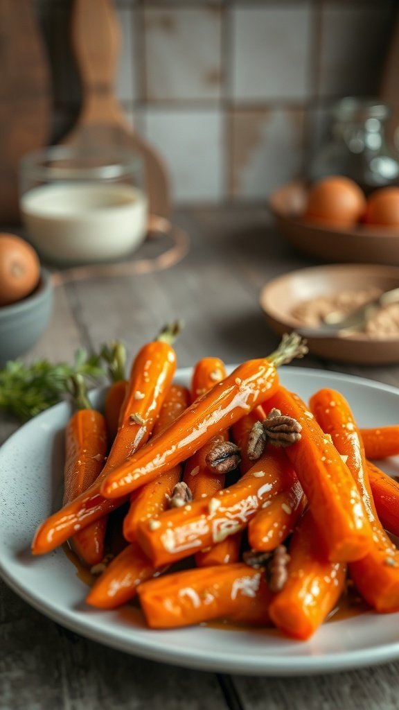 A plate of sweet and tangy maple-glazed carrots garnished with nuts and parsley.