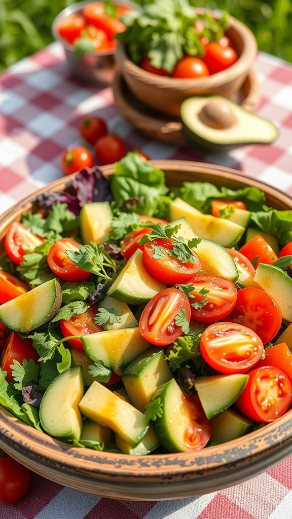 A colorful summer salad with avocados, cherry tomatoes, and mixed greens.