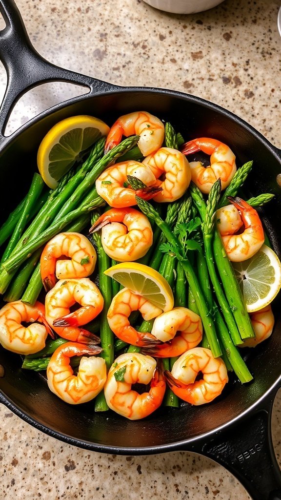 One-pan lemon garlic shrimp and asparagus dish with lemon slices