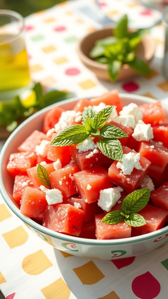 A bowl of watermelon feta salad topped with mint leaves, served on a colorful tablecloth.