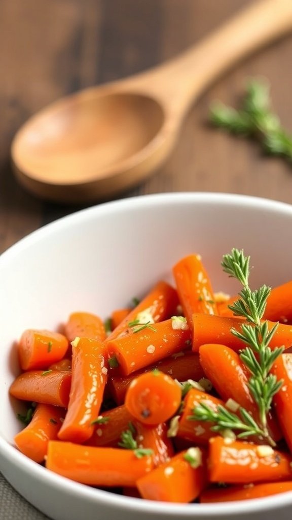 A bowl of honey glazed carrots garnished with thyme and garlic.