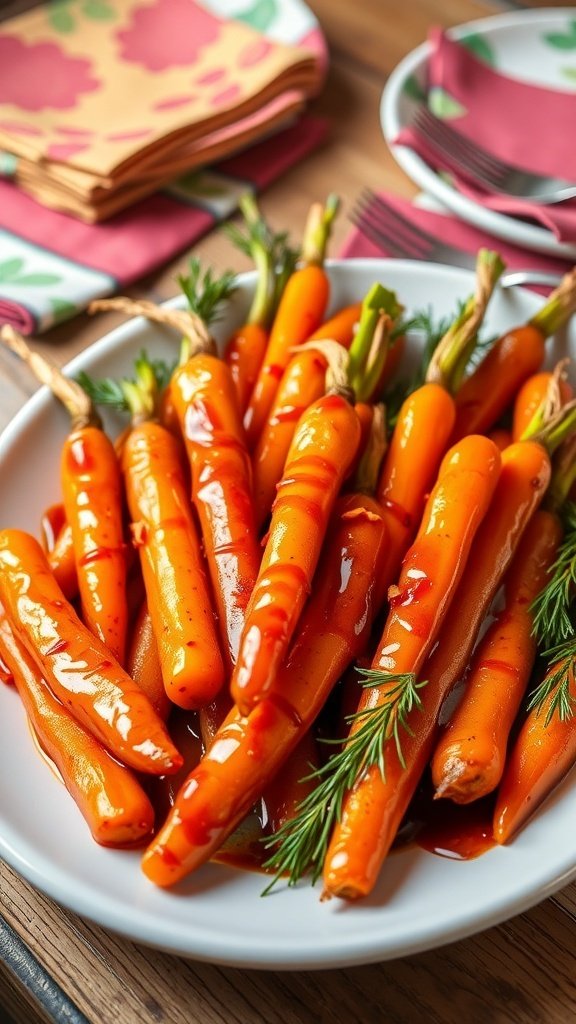 A plate of sweet and spicy brown sugar carrots garnished with fresh herbs.