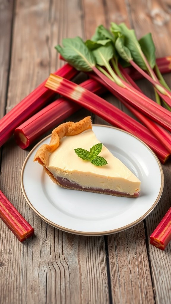 A slice of creamy rhubarb custard on a plate, surrounded by fresh rhubarb stalks.