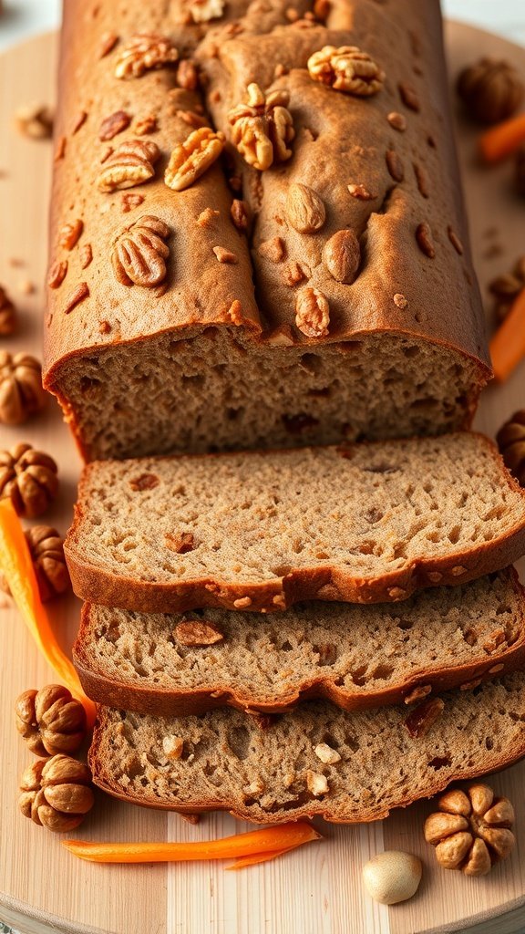 A loaf of nutty carrot and walnut bread with slices cut, showcasing the texture and ingredients.
