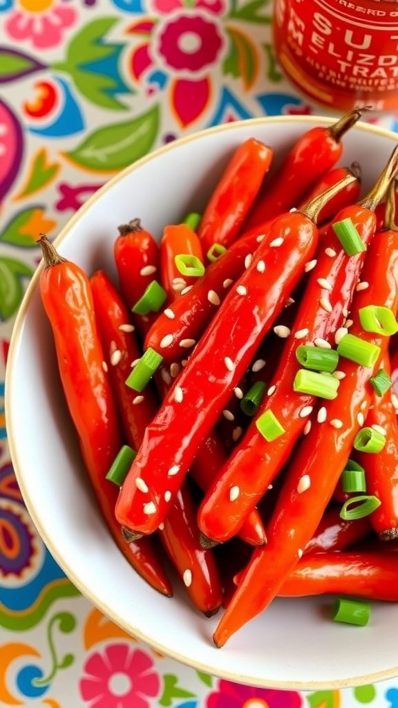 A bowl of spicy Sriracha-glazed carrots garnished with sesame seeds and green onions.