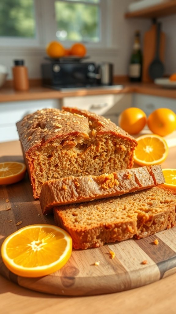 A loaf of zesty orange infused carrot bread with slices and fresh orange halves on a wooden cutting board.