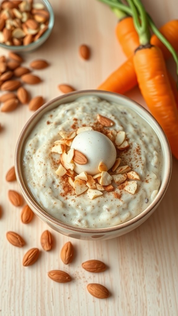 A bowl of carrot cake overnight oats topped with sliced almonds and cinnamon, with fresh carrots and almonds in the background.