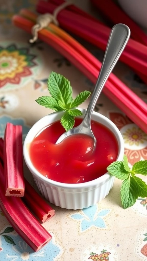A bowl of tangy rhubarb sauce with fresh rhubarb stalks in the background.