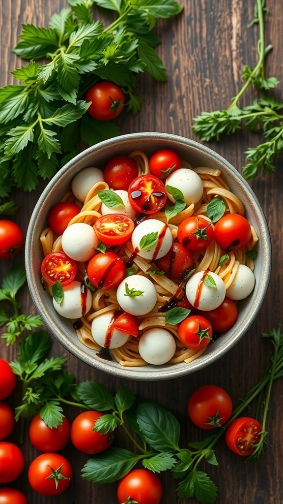 A bowl of cherry tomato and mozzarella salad with fresh basil, surrounded by cherry tomatoes and herbs.