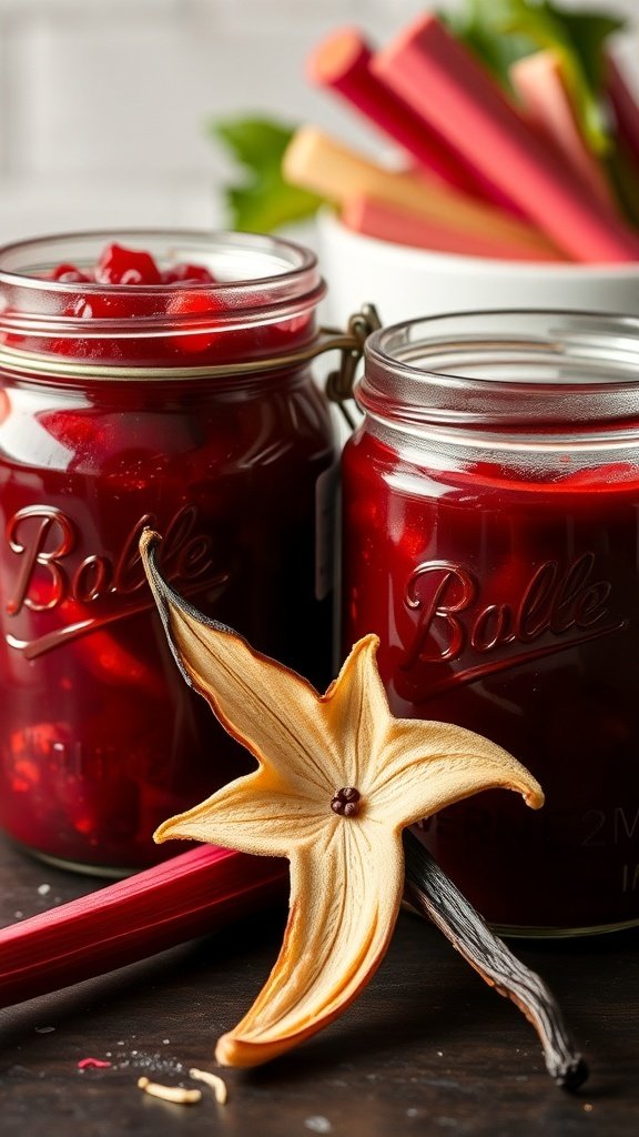 Jars of rhubarb jam with vanilla bean, surrounded by fresh rhubarb stalks.