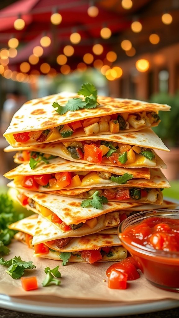 A stack of quesadillas filled with cheese and colorful veggies, served with salsa.