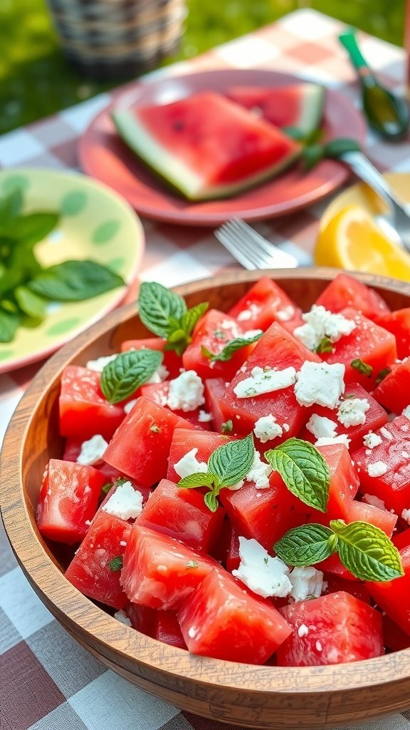 A bowl of watermelon salad with feta and mint, surrounded by watermelon slices and fresh mint leaves.