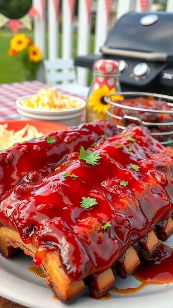 A plate of BBQ ribs glazed with sauce, garnished with cilantro, with a grill in the background.