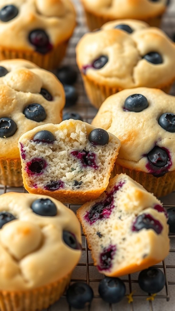 Delicious lemon blueberry muffins with fresh blueberries on top, some muffins cut in half to show the fluffy interior.