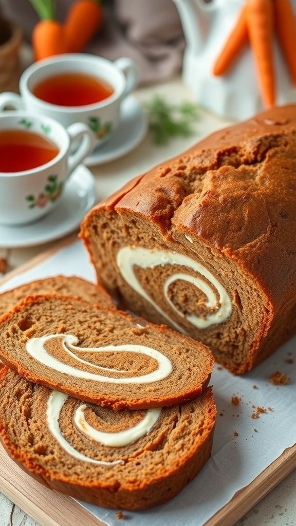 A loaf of carrot cake bread with a cream cheese swirl, sliced and served with tea.