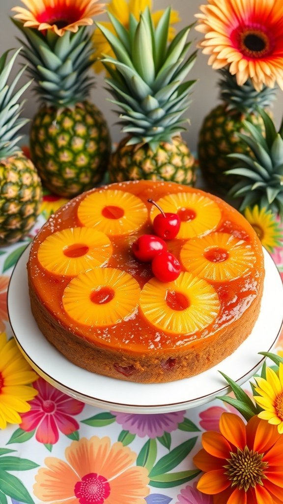 A vibrant pineapple upside-down cake topped with pineapple rings and cherries, surrounded by fresh pineapples and colorful flowers.