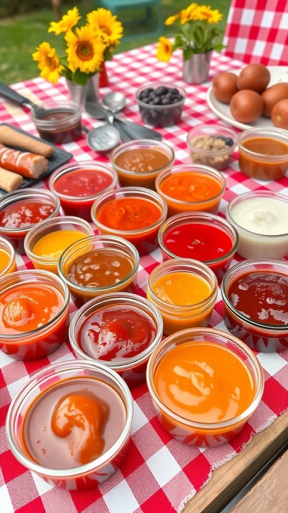 An assortment of colorful barbecue sauces in jars on a picnic table with sunflowers and eggs.
