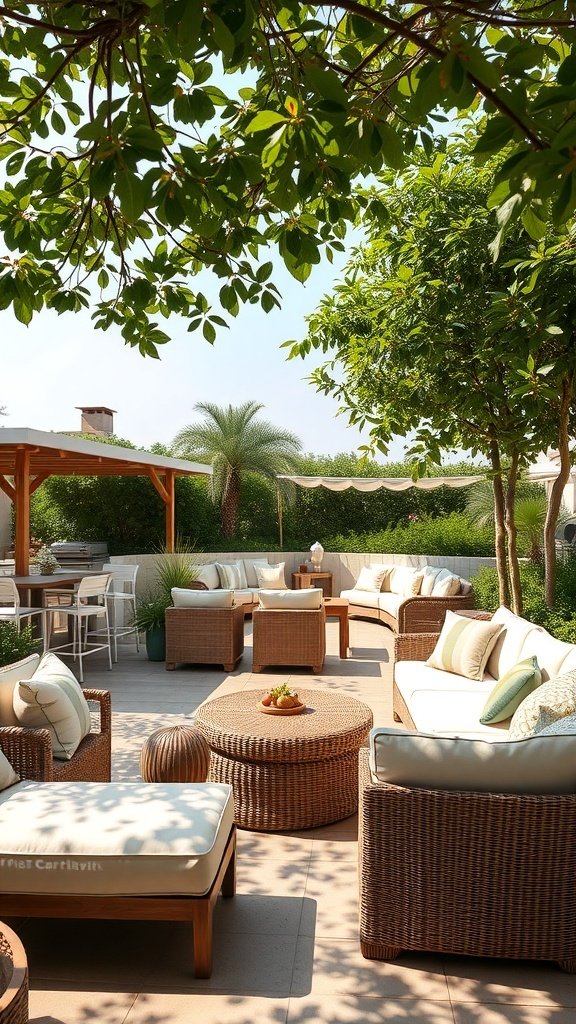 A cozy outdoor lounge area with comfortable seating and greenery.