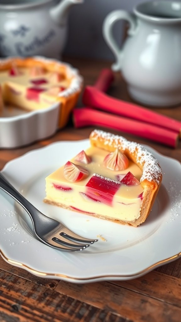 A slice of rhubarb custard tart on a plate, with a fork beside it and a whole tart in the background.