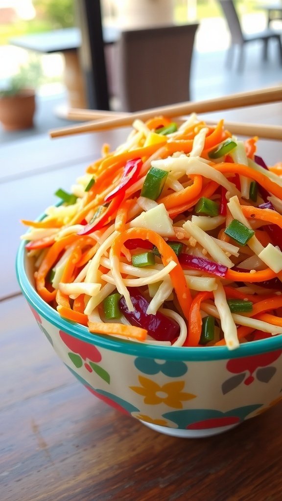 A colorful bowl of Asian slaw with shredded cabbage, carrots, and bell peppers.