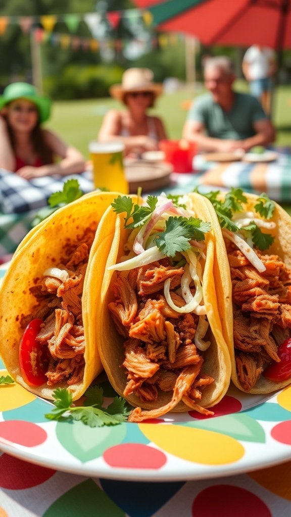 Three tangy BBQ chicken tacos on a colorful plate, garnished with cilantro and onions, with a festive outdoor setting in the background.