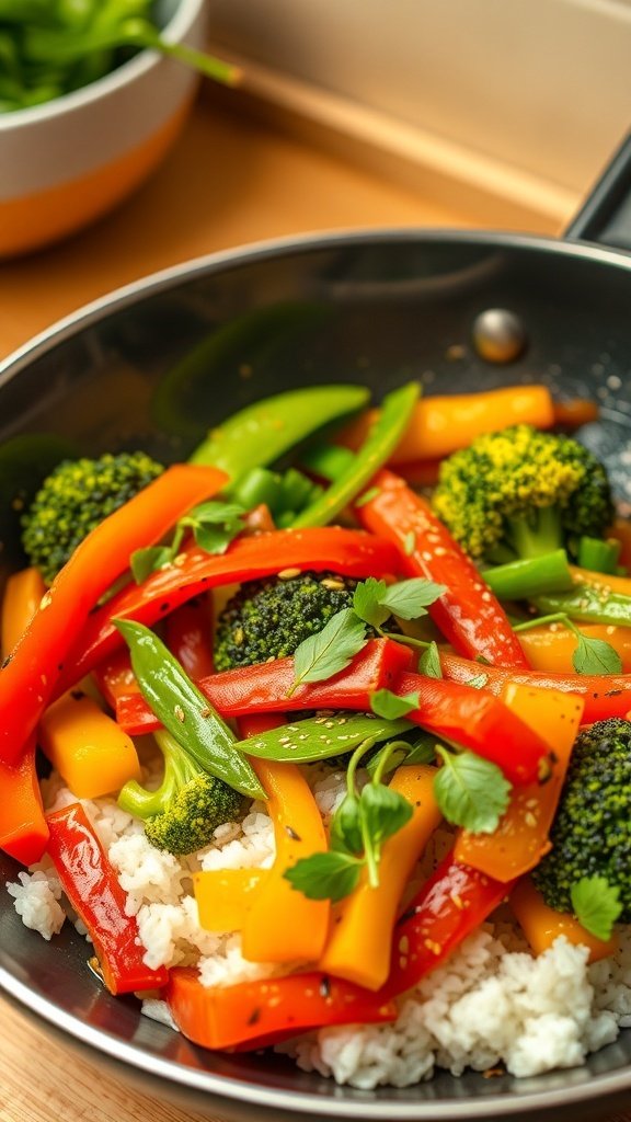 A colorful summer stir-fry with bell peppers, broccoli, and snap peas in a pan.